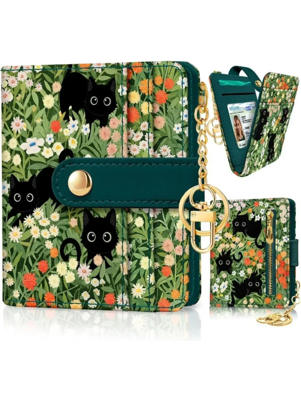 Floral Black Cat RFID Women’s Wallet | Small Slim Credit Card Holder